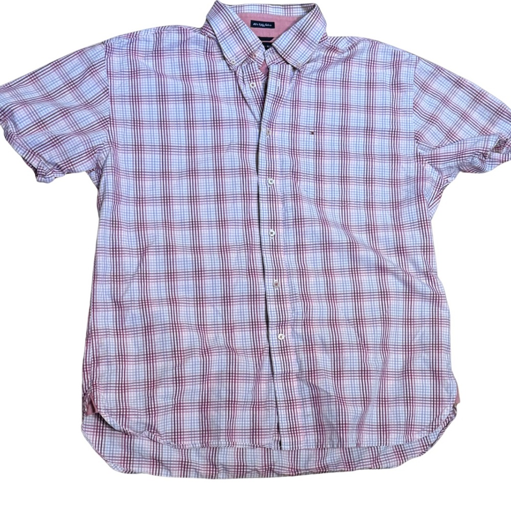 Tommy Hilfiger Pink Plaid Short Sleeve Button Up Men’s‎ XLG | 80s 2-Ply Cotton